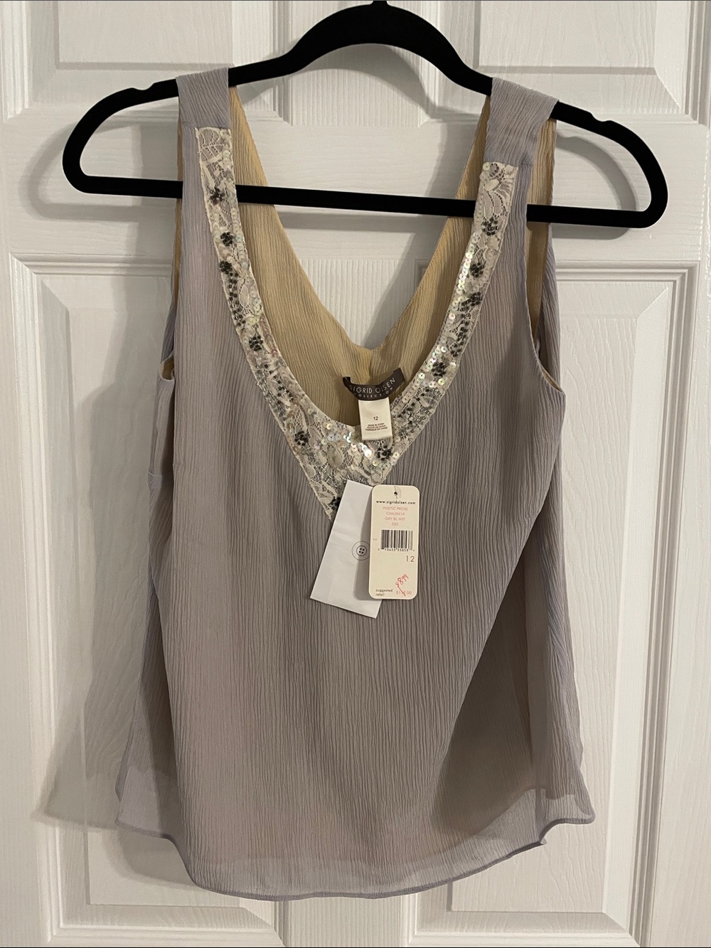 NWT Sigrid Olsen 100% silk Sleeveless Taupe Sequin V-Neck Women's Top size 12 - Picture 4 of 7